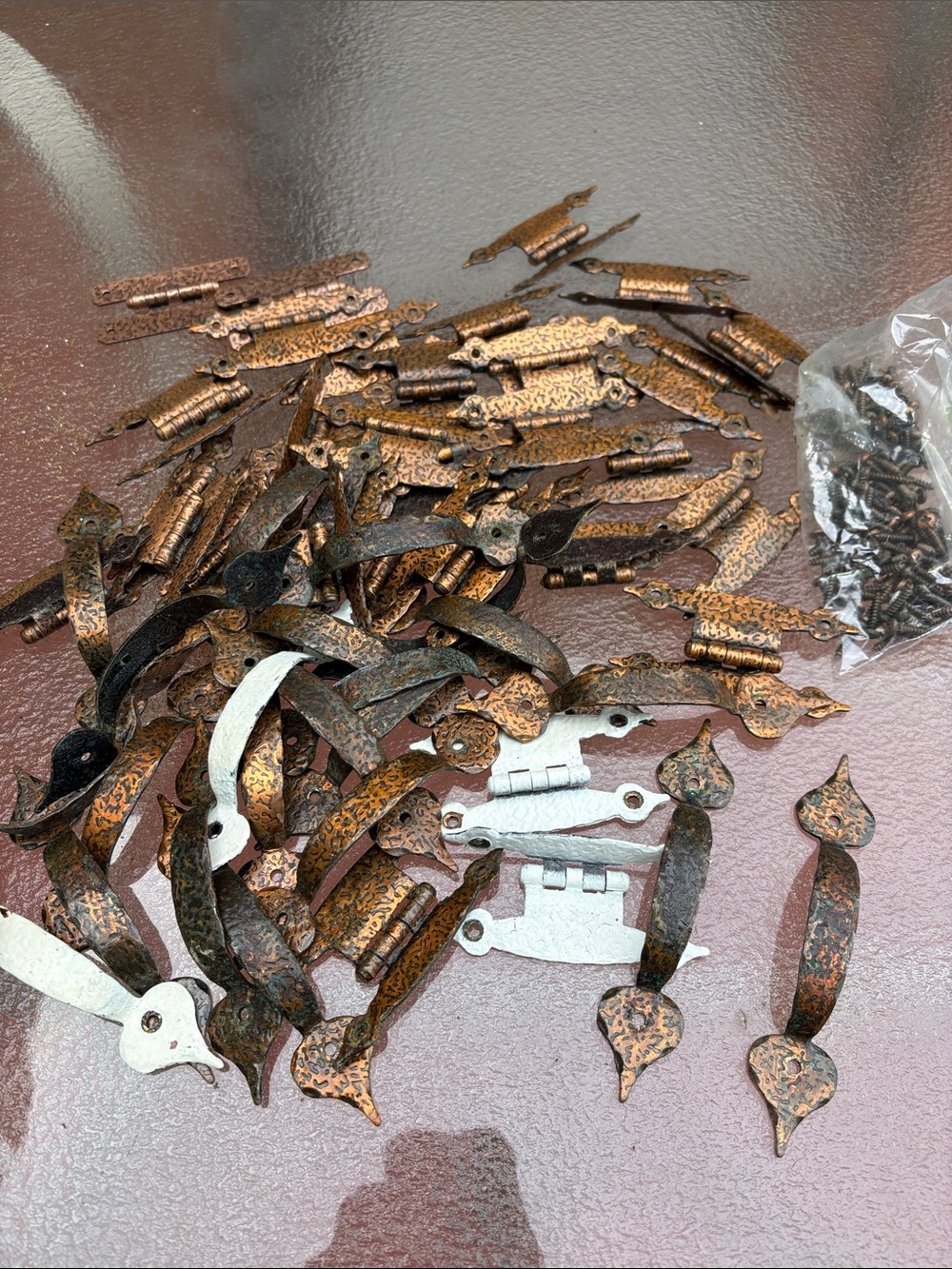 Decorative Copper-Tone Cabinet Pulls and Hinges Set - Rustic Copper